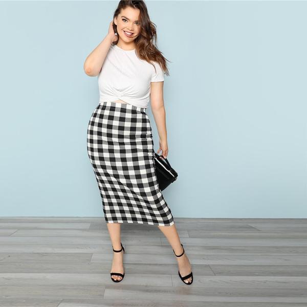Black And White Plaid Elegant Pencil Skirt in Plus Size - Sillycube Demo Shop