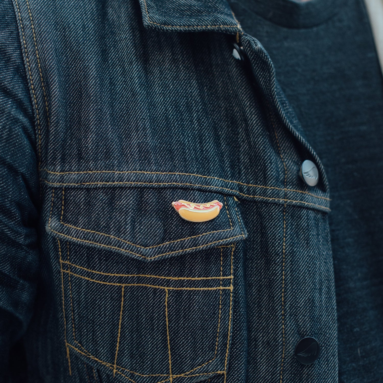 Hotdog Enamel Pin on Denim - Sillycube Demo Shop