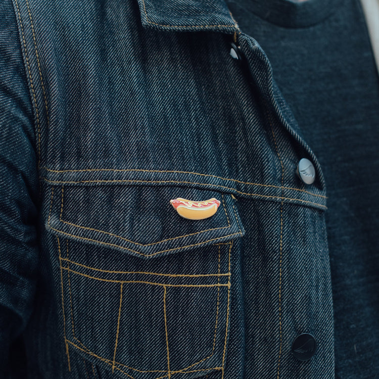 Hotdog Enamel Pin on Denim - Sillycube Demo Shop